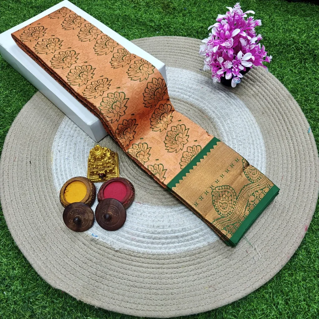 Tissue Bridal Wedding Silks Light gold with green border  – Wedding Silks | New Arrival | Harshal Textiles